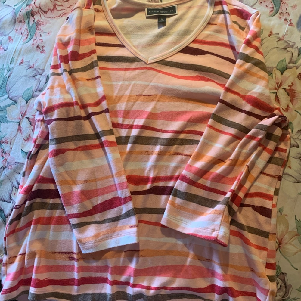 Karen Scott Striped V-Neck Long Sleeve Top in Pink Multi Size X Large